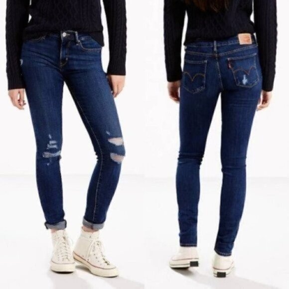 NWT Levis 711 Dark Blue Wash Distressed Skinny Jeans Size 28 - Picture 1 of 7